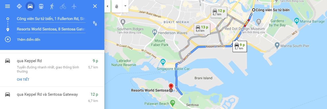 Bản đồ di chuyển từ Công viên Sư tử biển đến Resort World Sentosa